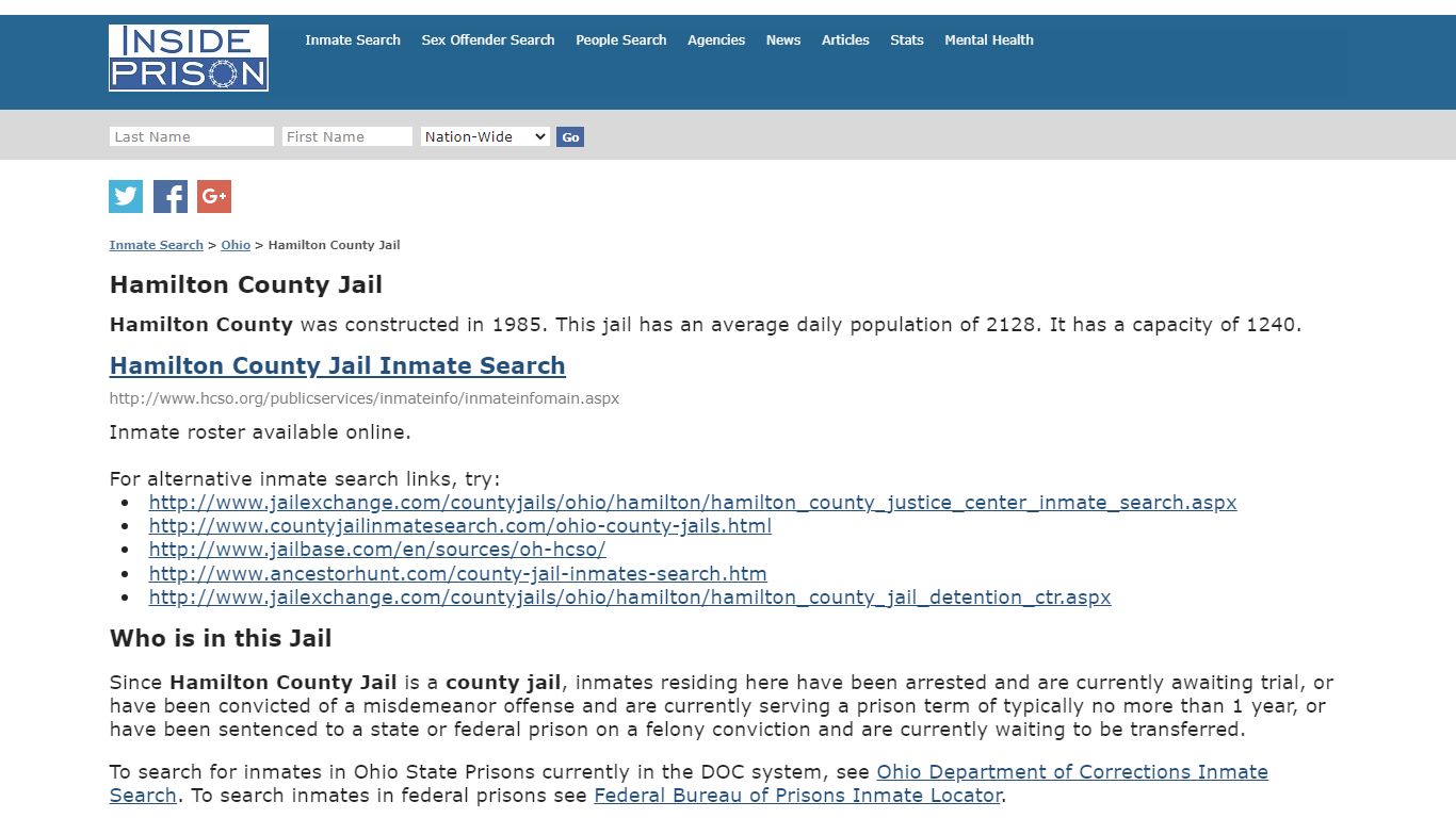 Hamilton County Jail - Ohio - Inmate Search - Inside Prison